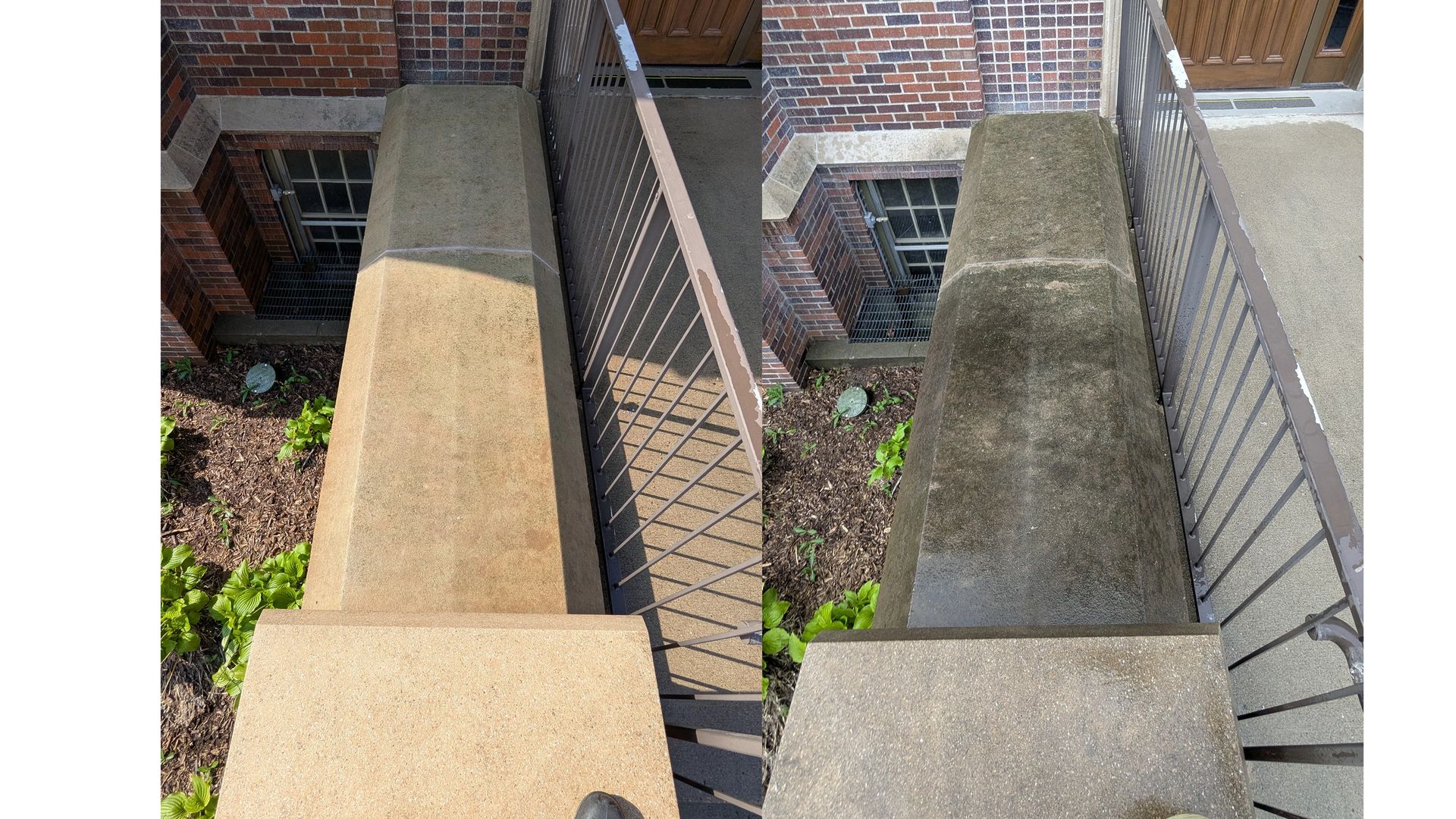 Before and after comparison of concrete cleaning.