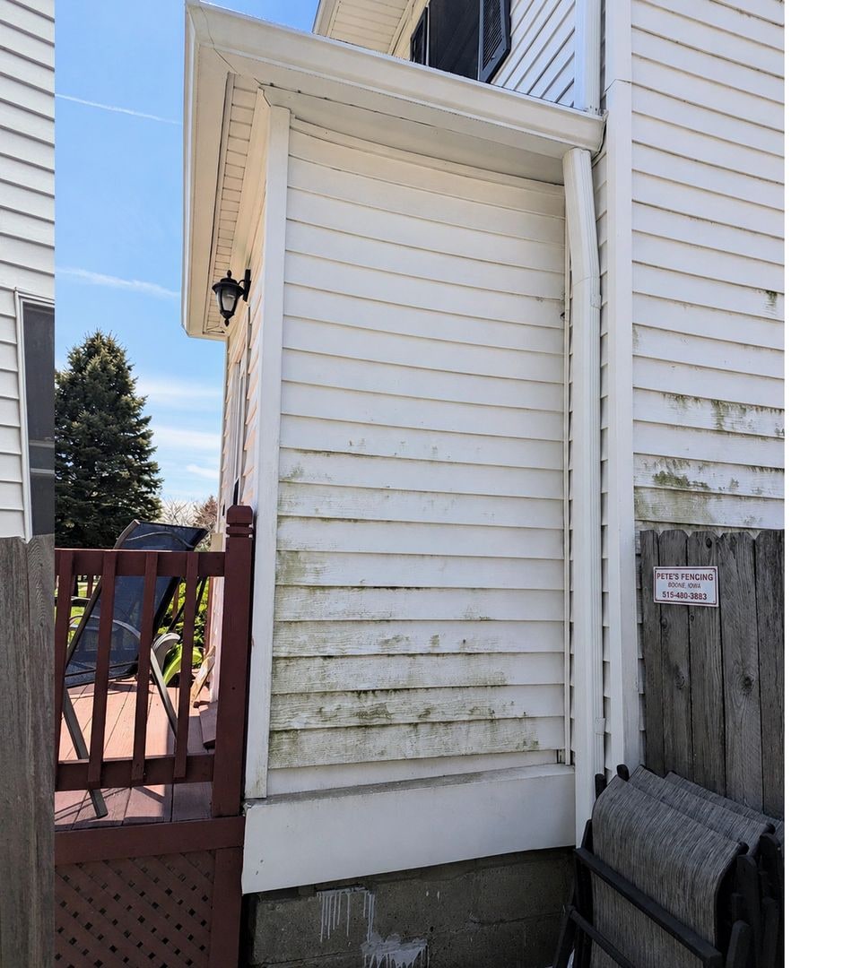 Siding before exterior cleaning with visible buildup.